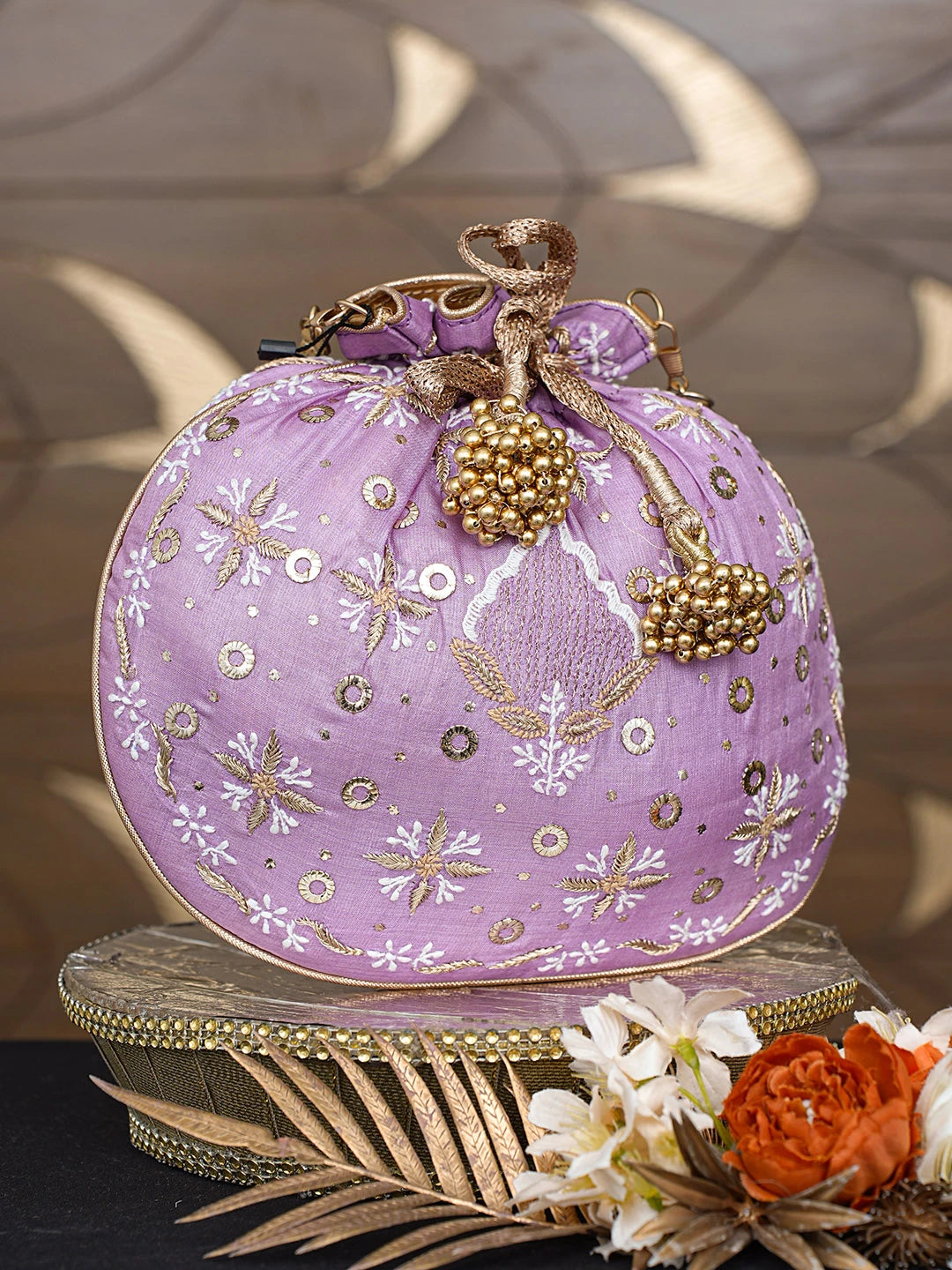 Ada Hand Embroidered Lavender Silk Lucknowi Chikankari Potli Bag With Zari Work 01A808068