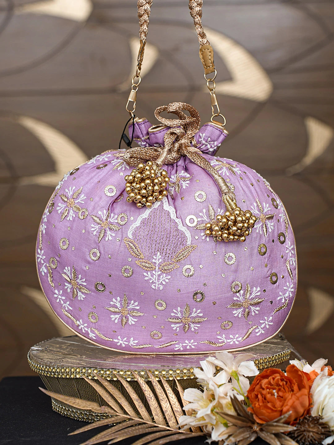 Ada Hand Embroidered Lavender Silk Lucknowi Chikankari Potli Bag With Zari Work 01A808068