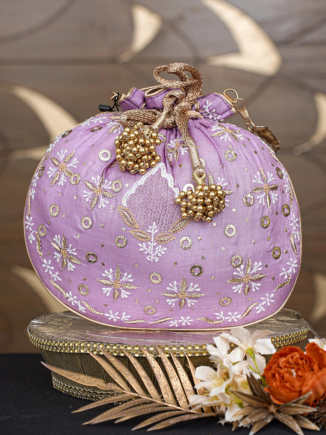 Ada Hand Embroidered Lavender Silk Lucknowi Chikankari Potli Bag With Zari Work 01A808068