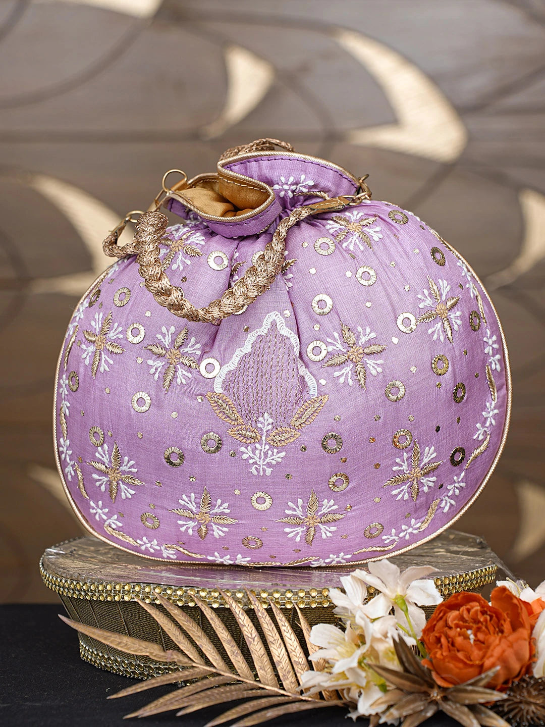 Ada Hand Embroidered Lavender Silk Lucknowi Chikankari Potli Bag With Zari Work 01A808068