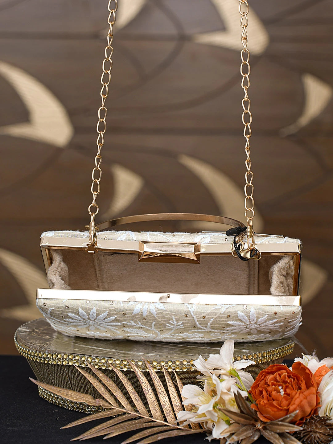 Ada Hand Embroidered Fawn Silk Lucknowi Chikankari Clutch With Mukaish Work 01A791389