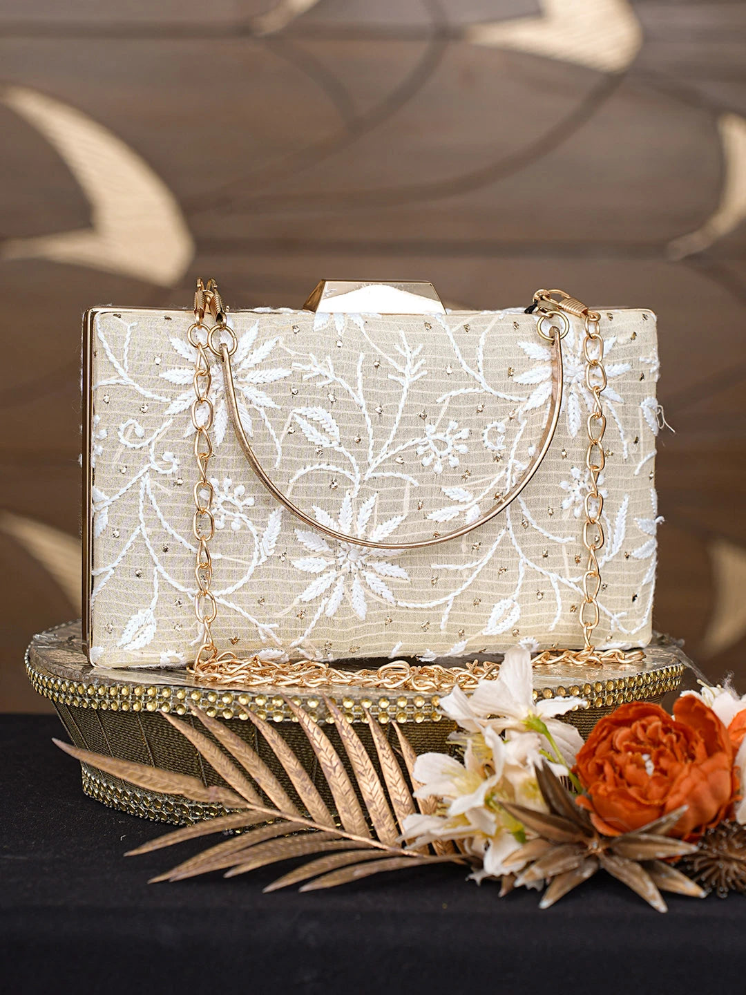 Ada Hand Embroidered Fawn Silk Lucknowi Chikankari Clutch With Mukaish Work 01A791389