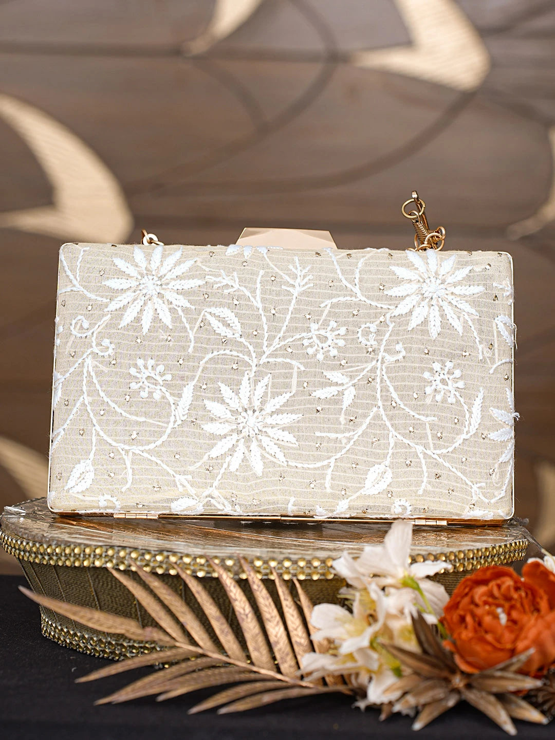 Ada Hand Embroidered Fawn Silk Lucknowi Chikankari Clutch With Mukaish Work 01A791389