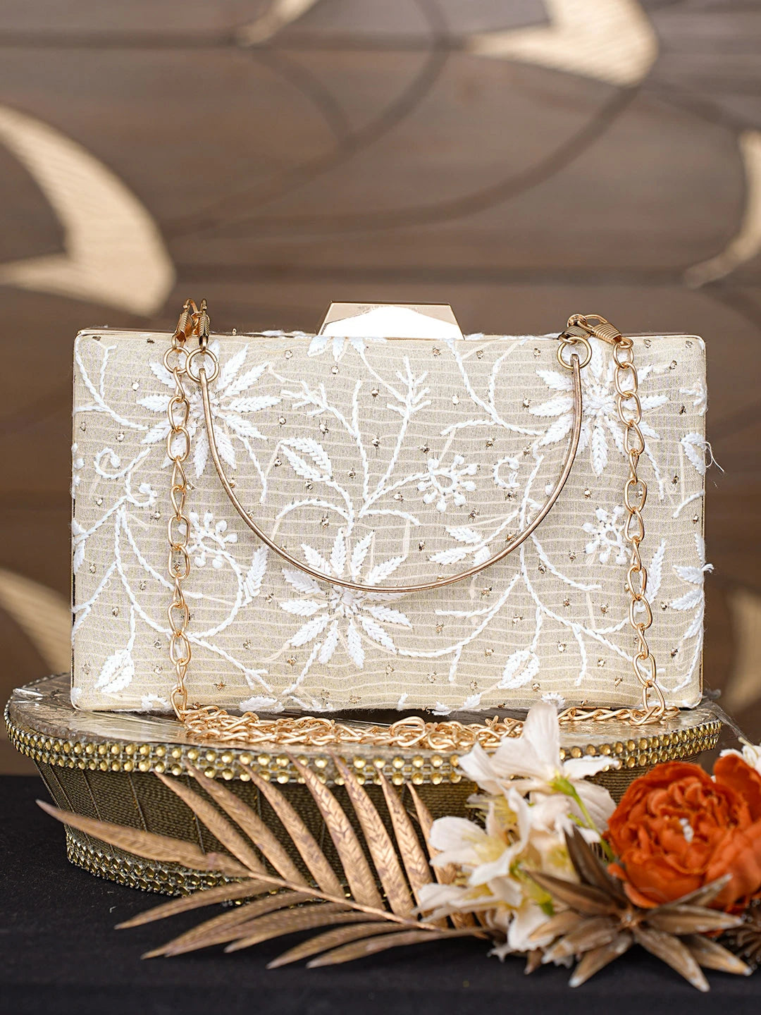 Ada Hand Embroidered Fawn Silk Lucknowi Chikankari Clutch With Mukaish Work 01A791389