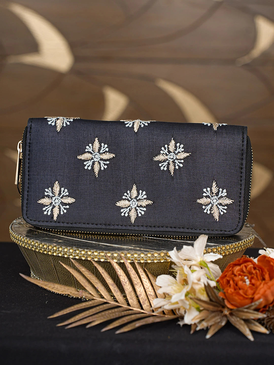 Ada Hand Embroidered Black Silk Lucknowi Chikankari Clutch With Zari Work 01A791652