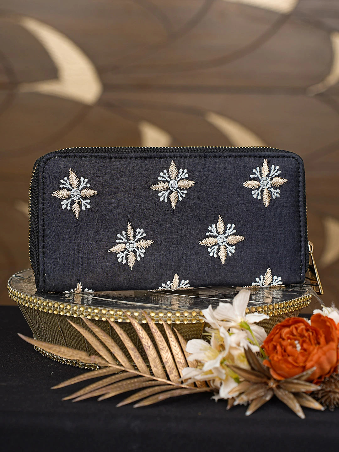Ada Hand Embroidered Black Silk Lucknowi Chikankari Clutch With Zari Work 01A791652