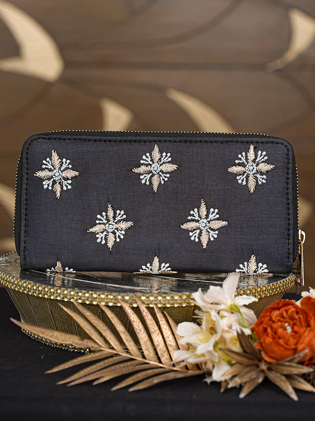 Ada Hand Embroidered Black Silk Lucknowi Chikankari Clutch With Zari Work 01A791652