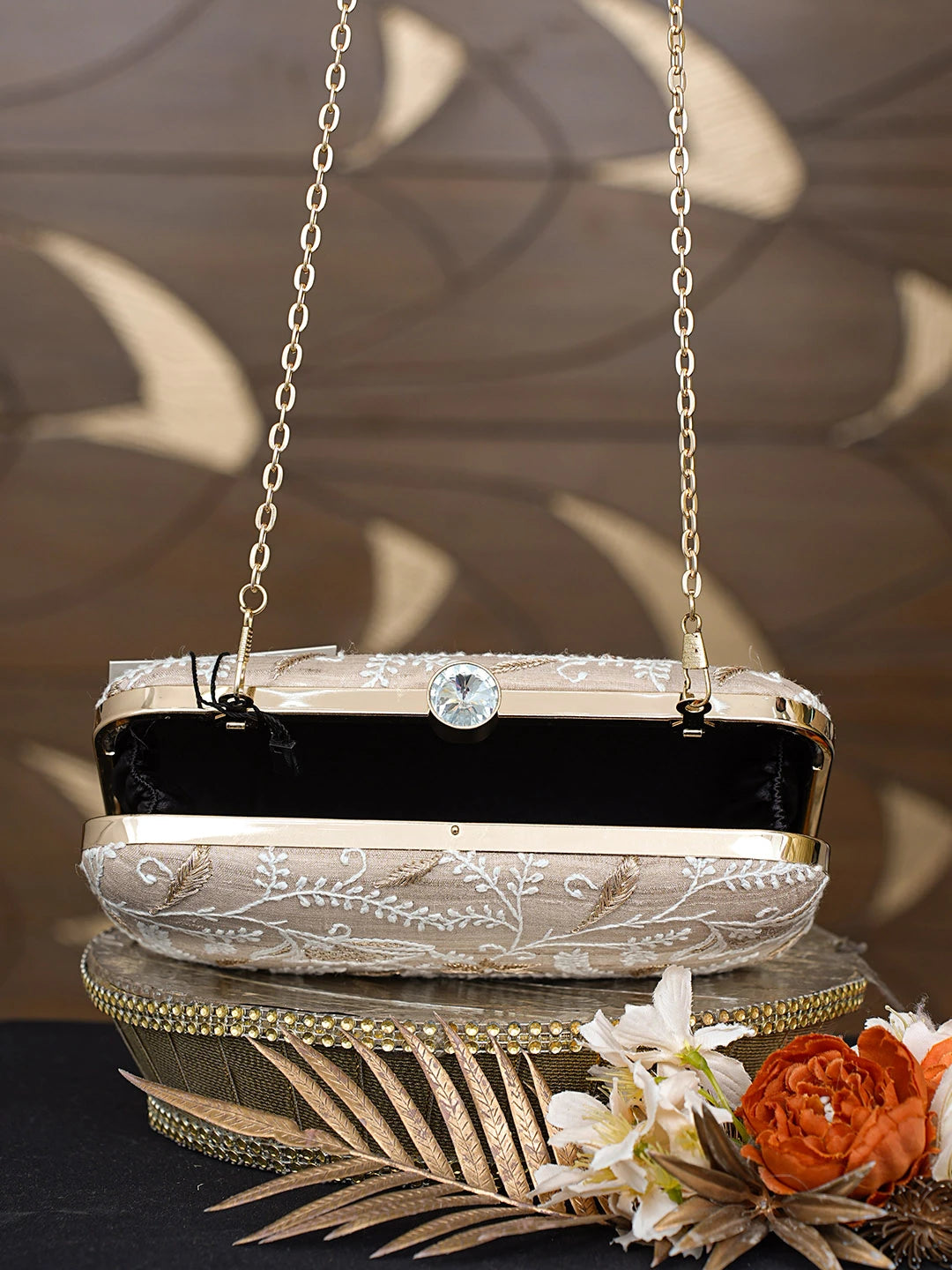 Ada Hand Embroidered Fawn Silk Lucknowi Chikankari Clutch With Zari Work 01A838340