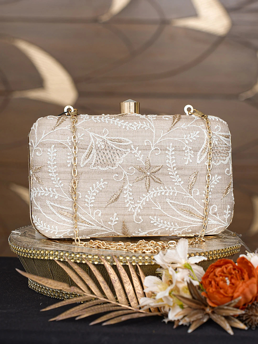 Ada Hand Embroidered Fawn Silk Lucknowi Chikankari Clutch With Zari Work 01A838340
