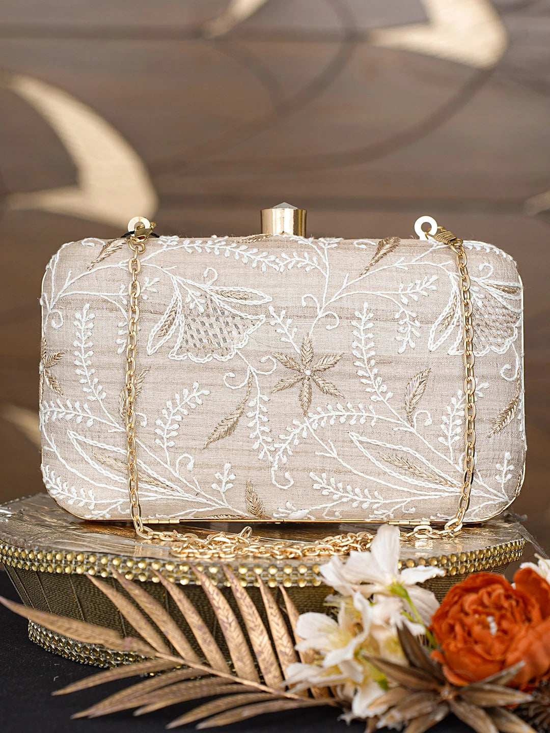 Ada Hand Embroidered Fawn Silk Lucknowi Chikankari Clutch With Zari Work 01A838340