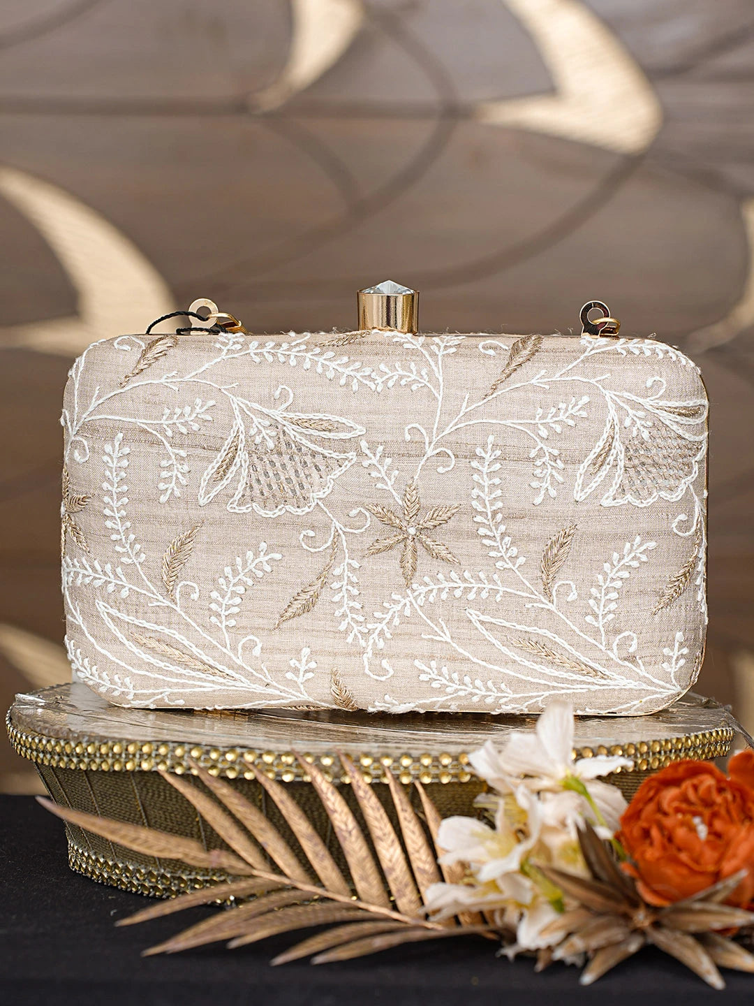 Ada Hand Embroidered Fawn Silk Lucknowi Chikankari Clutch With Zari Work 01A838340
