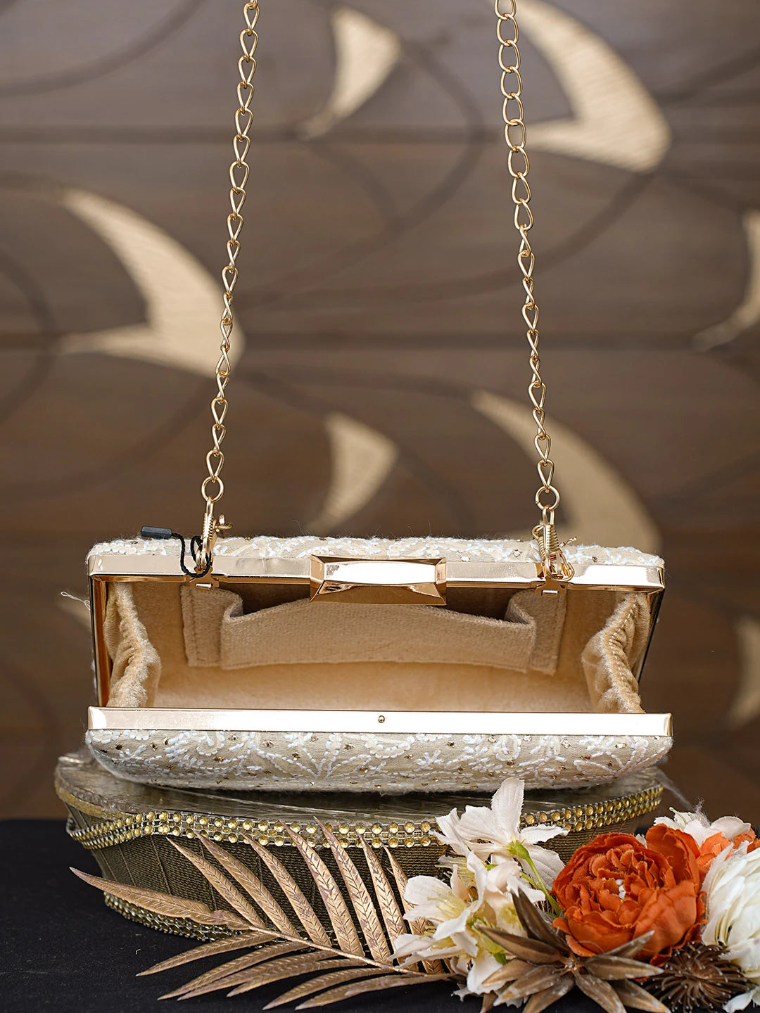 Ada Hand Embroidered Fawn Silk Lucknowi Chikankari Clutch With Mukaish Work 01A759035