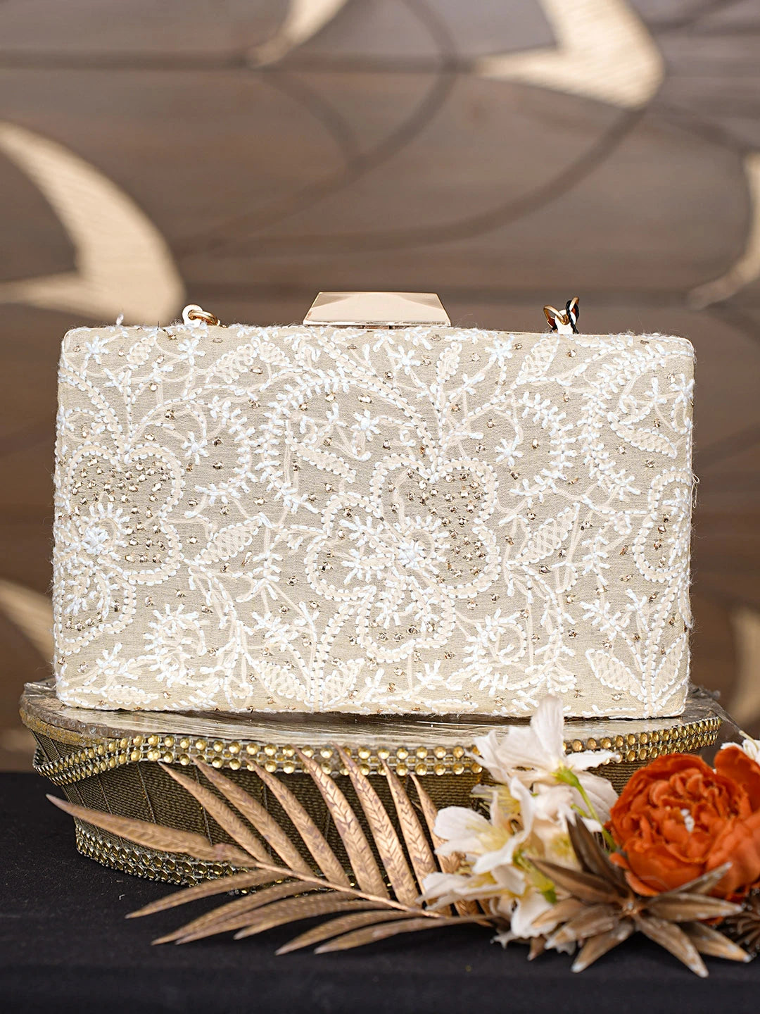 Ada Hand Embroidered Fawn Silk Lucknowi Chikankari Clutch With Mukaish Work 01A759035