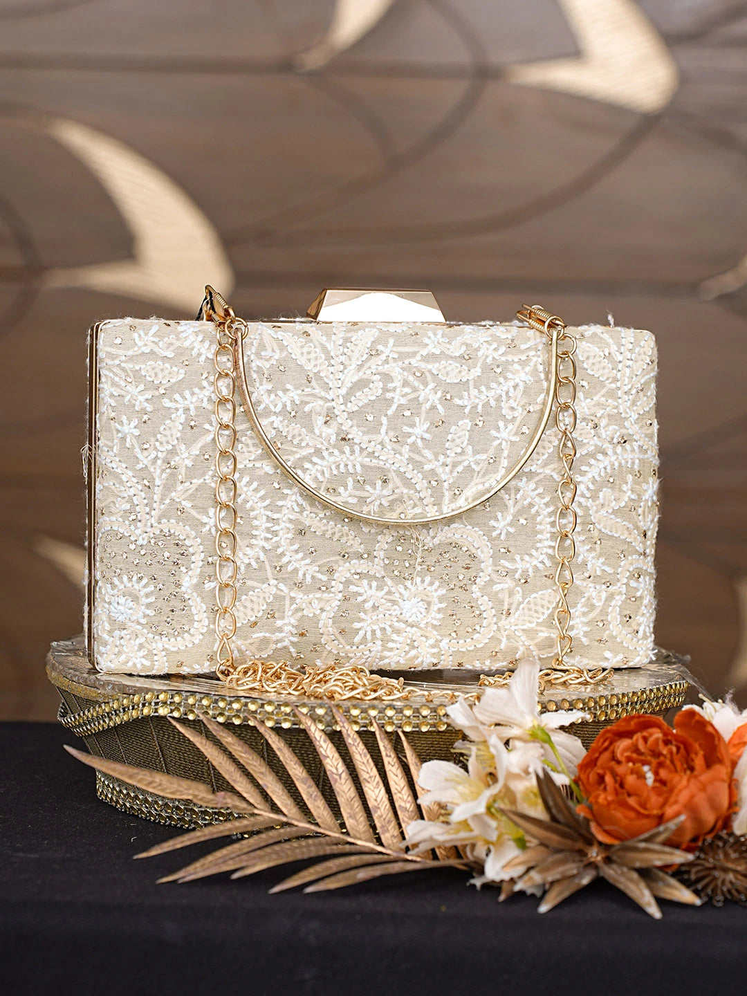 Ada Hand Embroidered Fawn Silk Lucknowi Chikankari Clutch With Mukaish Work 01A759035