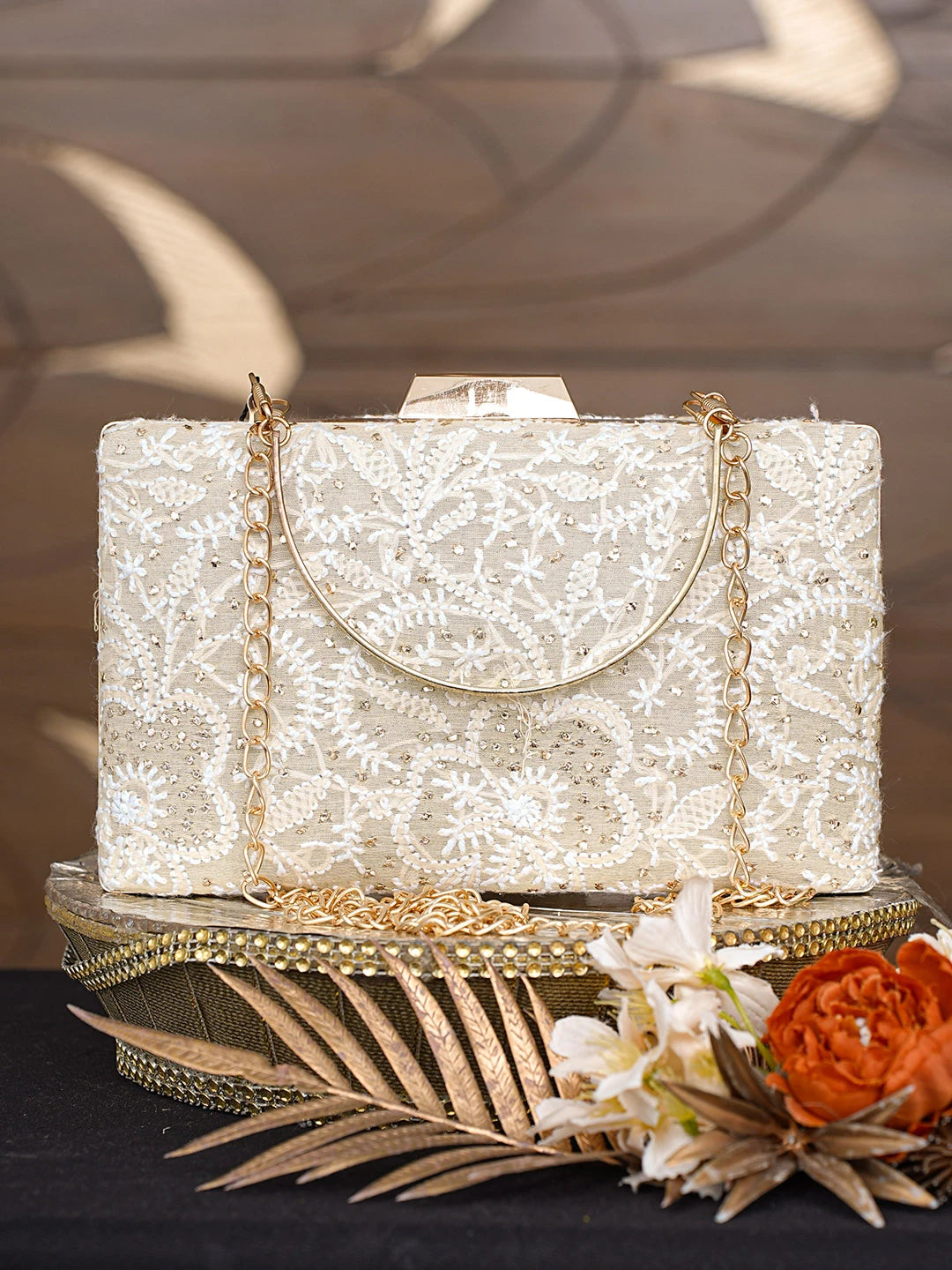 Ada Hand Embroidered Fawn Silk Lucknowi Chikankari Clutch With Mukaish Work 01A759035