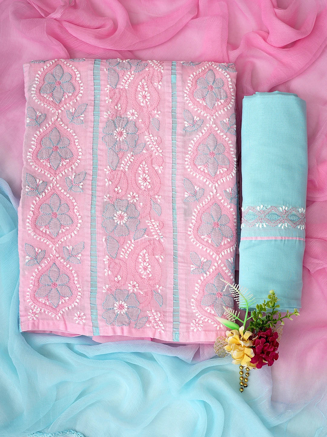 Ada Hand Embroidered Pink Cotton Lucknowi Chikankari Unstitched Suit Piece 01A779600