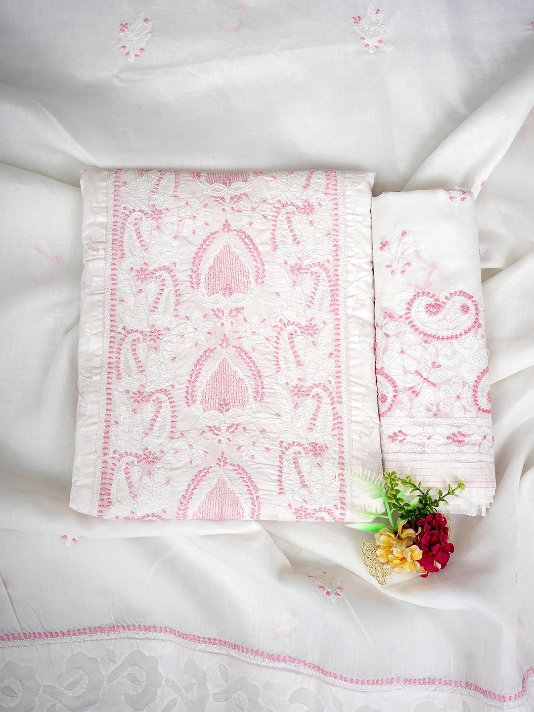 Ada Hand Embroidered White Cotton Lucknowi Chikankari Unstitched Suit Piece 01A723480