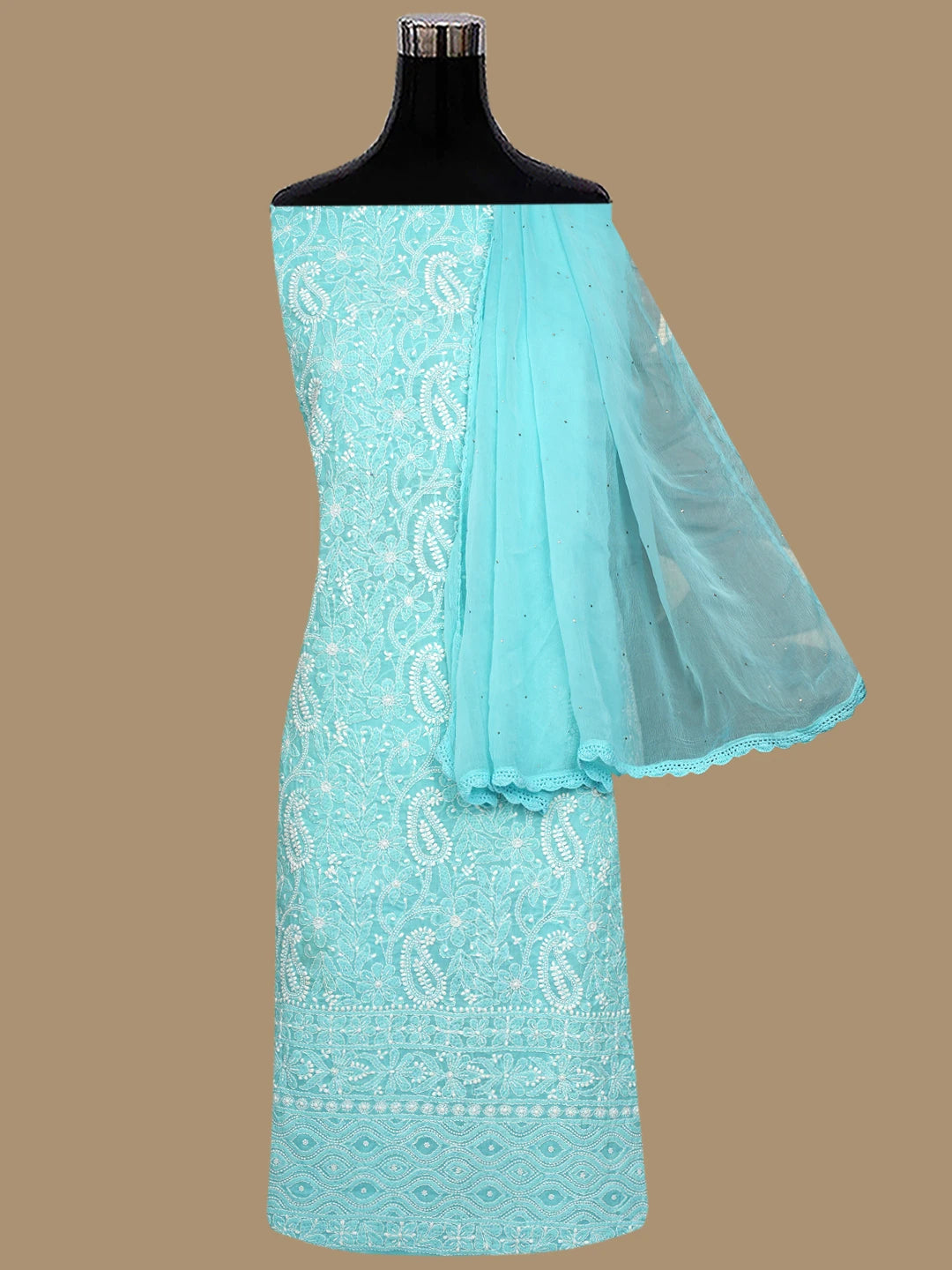 Ada Hand Embroidered Blue Cotton Lucknowi Chikankari Unstitched Suit Piece With Pearl Work 01A762612