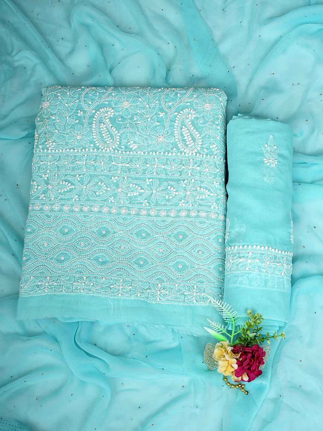 Ada Hand Embroidered Blue Cotton Lucknowi Chikankari Unstitched Suit Piece With Pearl Work 01A762612