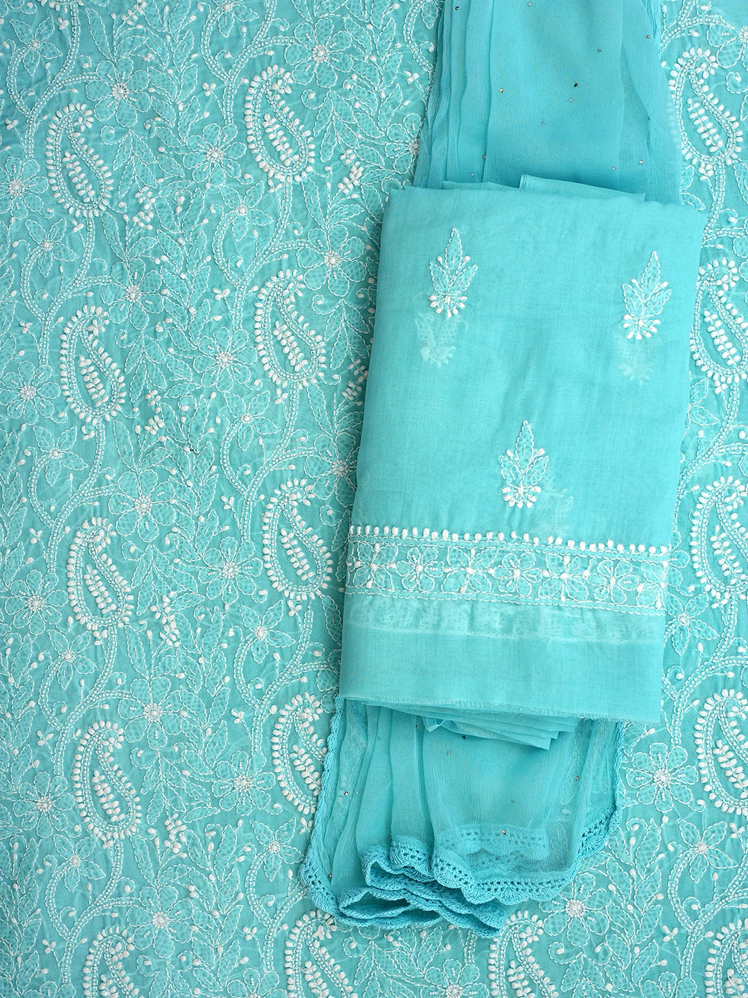 Ada Hand Embroidered Blue Cotton Lucknowi Chikankari Unstitched Suit Piece With Pearl Work 01A762612
