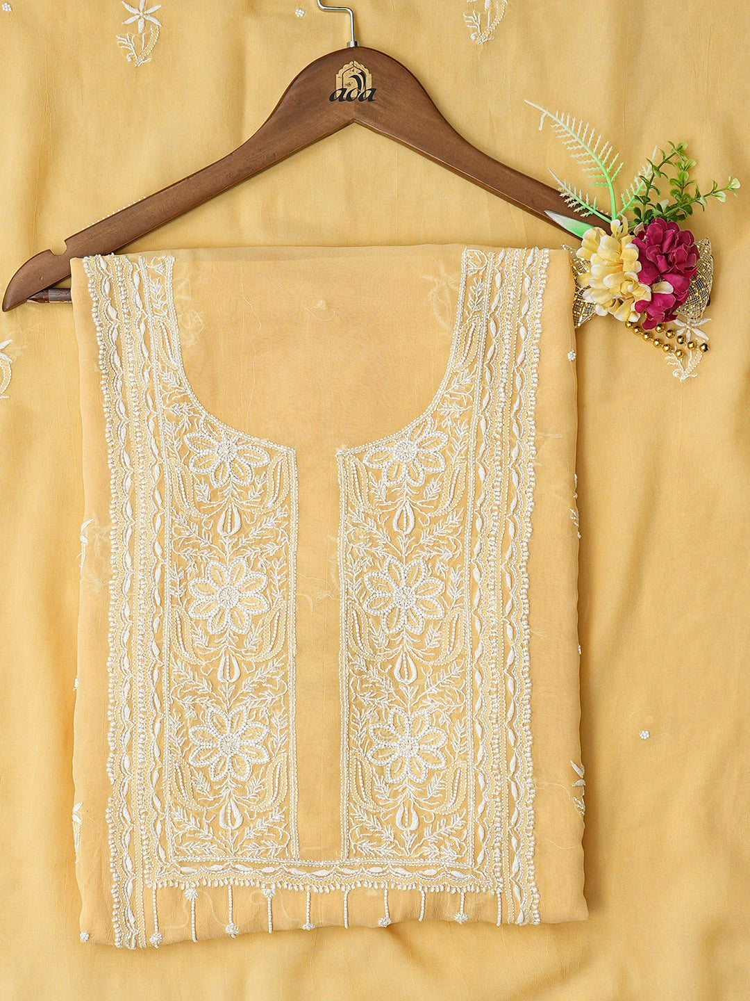 Ada Hand Embroidered Beige Viscose Georgette Lucknowi Chikankari Unstitched Kurta Dupatta Set With Cutdana Work 01A817632