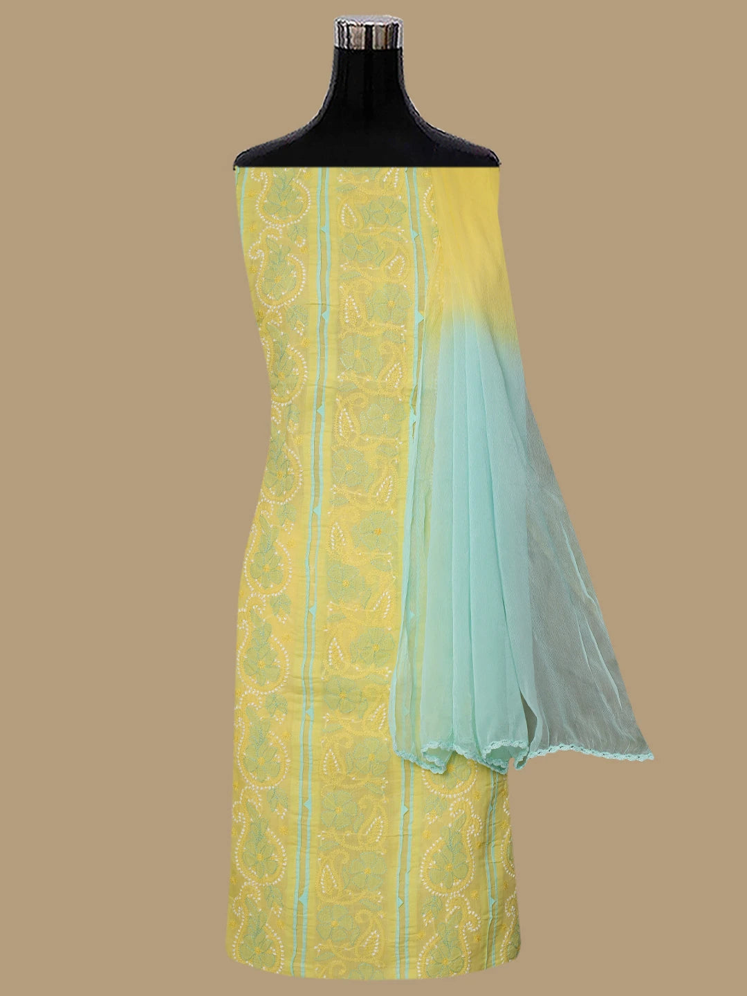 Ada Hand Embroidered Yellow Cotton Lucknowi Chikankari Unstitched Suit Piece 01A821873