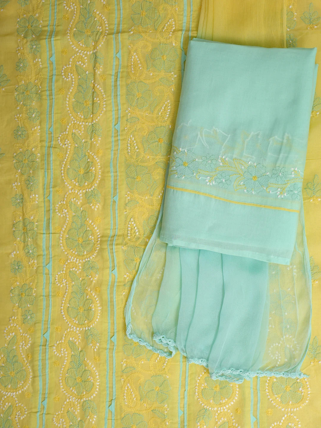 Ada Hand Embroidered Yellow Cotton Lucknowi Chikankari Unstitched Suit Piece 01A821873