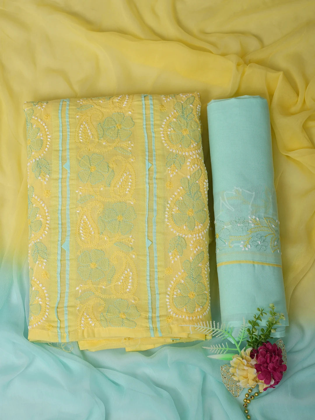 Ada Hand Embroidered Yellow Cotton Lucknowi Chikankari Unstitched Suit Piece 01A821873