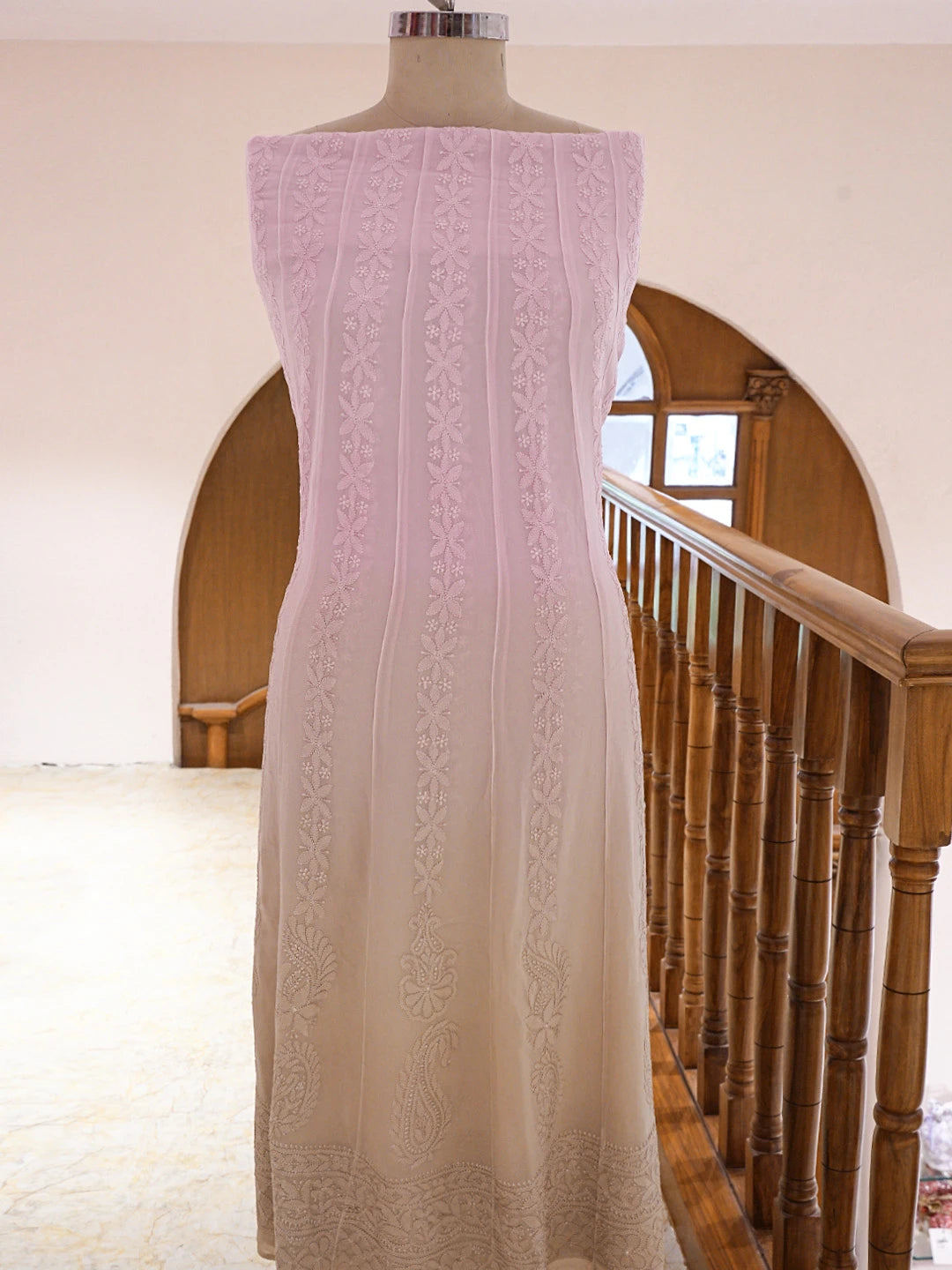 Ada Hand Embroidered Ombre Shade Of Pale Mauve And Ecru Brown Viscose Georgette Lucknowi Chikankari Semi-Stitched Anarkali Kurta Dupatta Set 01A758648