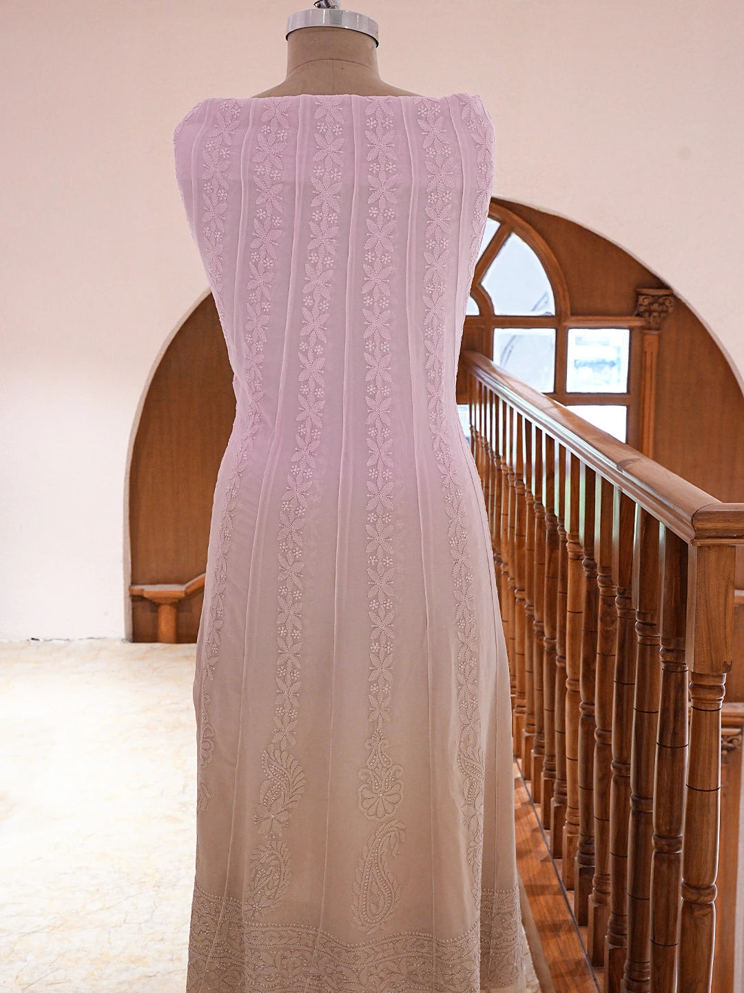 Ada Hand Embroidered Ombre Shade Of Pale Mauve And Ecru Brown Viscose Georgette Lucknowi Chikankari Semi-Stitched Anarkali Kurta Dupatta Set 01A758648