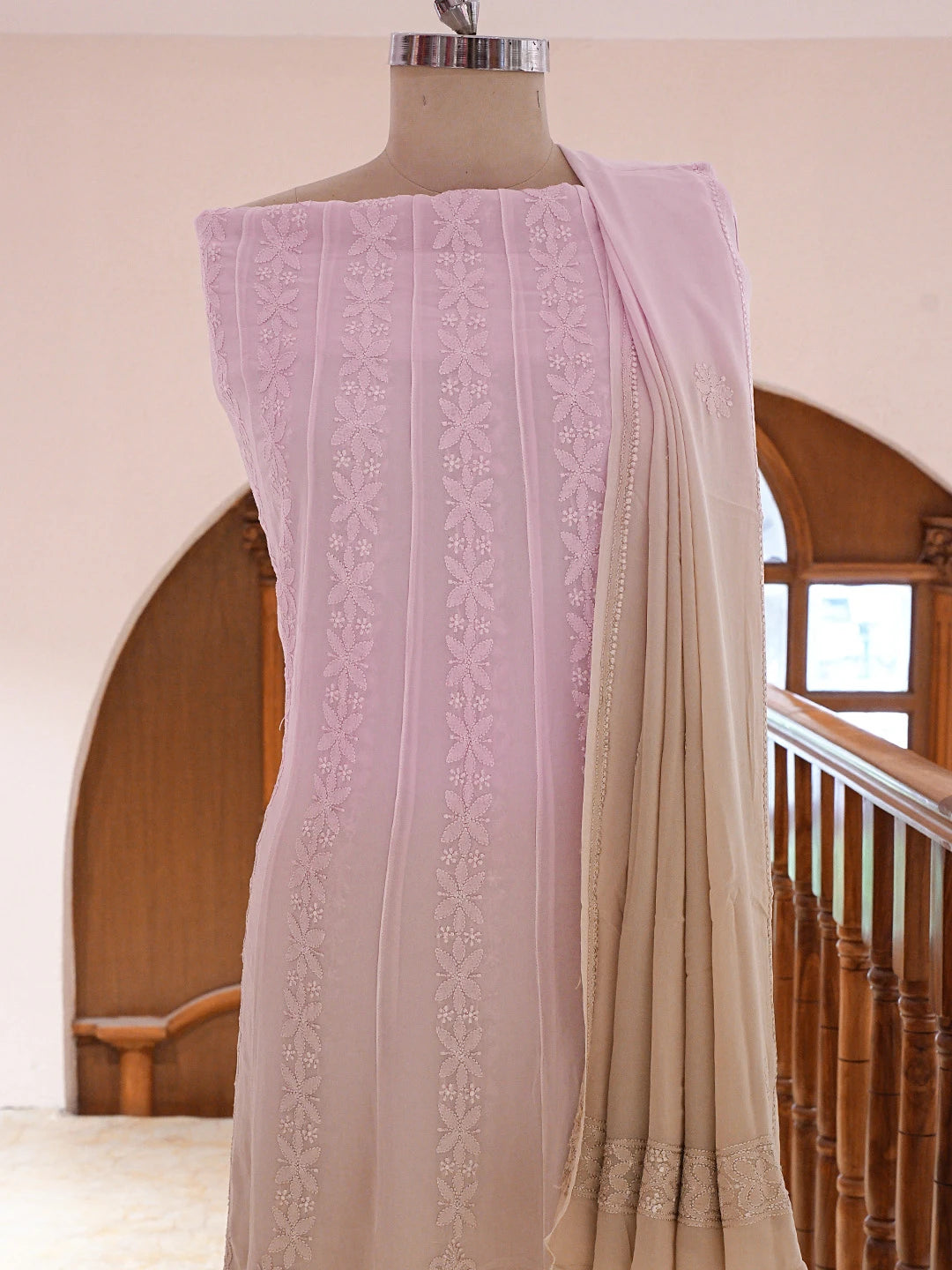 Ada Hand Embroidered Ombre Shade Of Pale Mauve And Ecru Brown Viscose Georgette Lucknowi Chikankari Semi-Stitched Anarkali Kurta Dupatta Set 01A758648