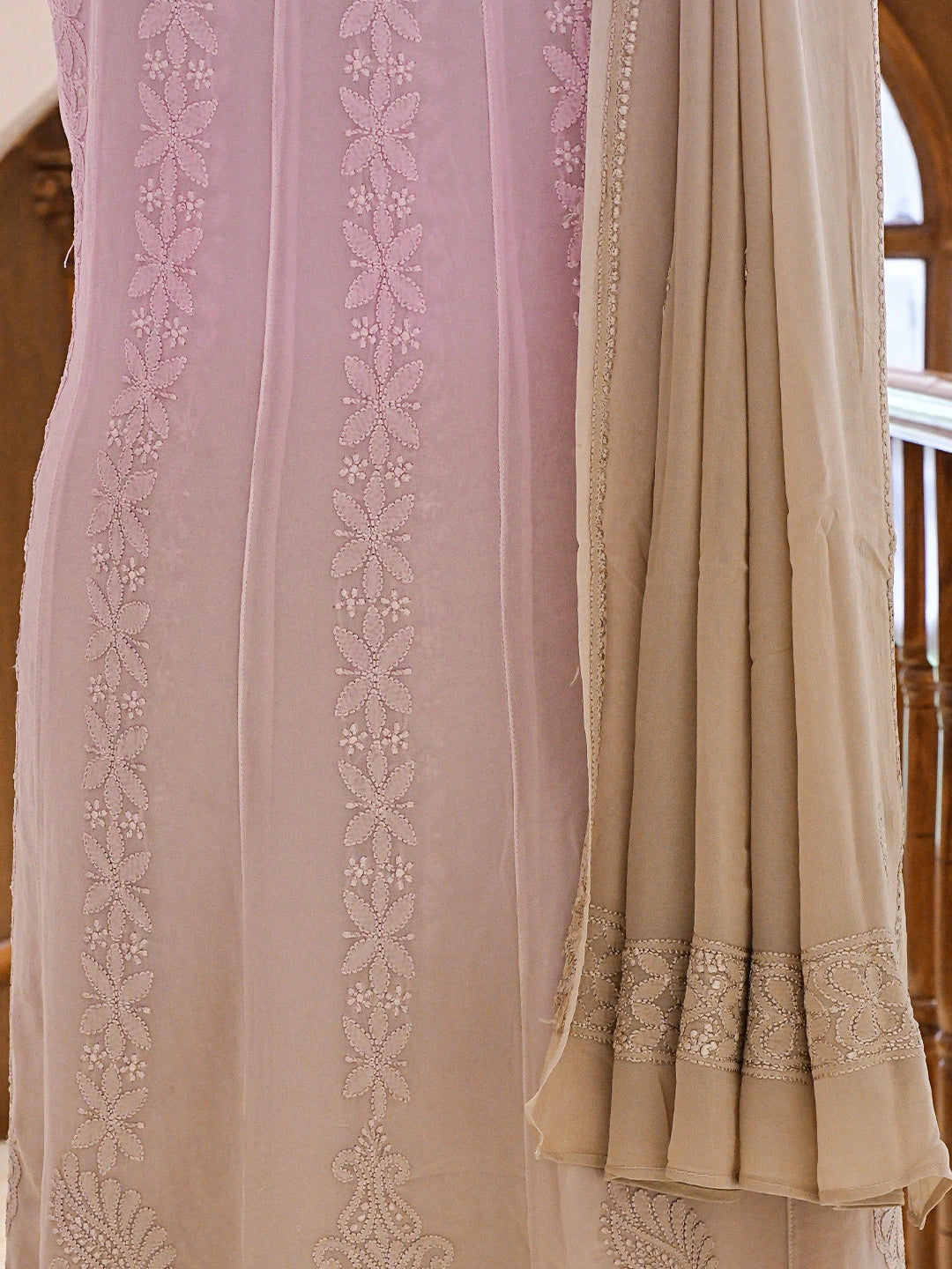 Ada Hand Embroidered Ombre Shade Of Pale Mauve And Ecru Brown Viscose Georgette Lucknowi Chikankari Semi-Stitched Anarkali Kurta Dupatta Set 01A758648