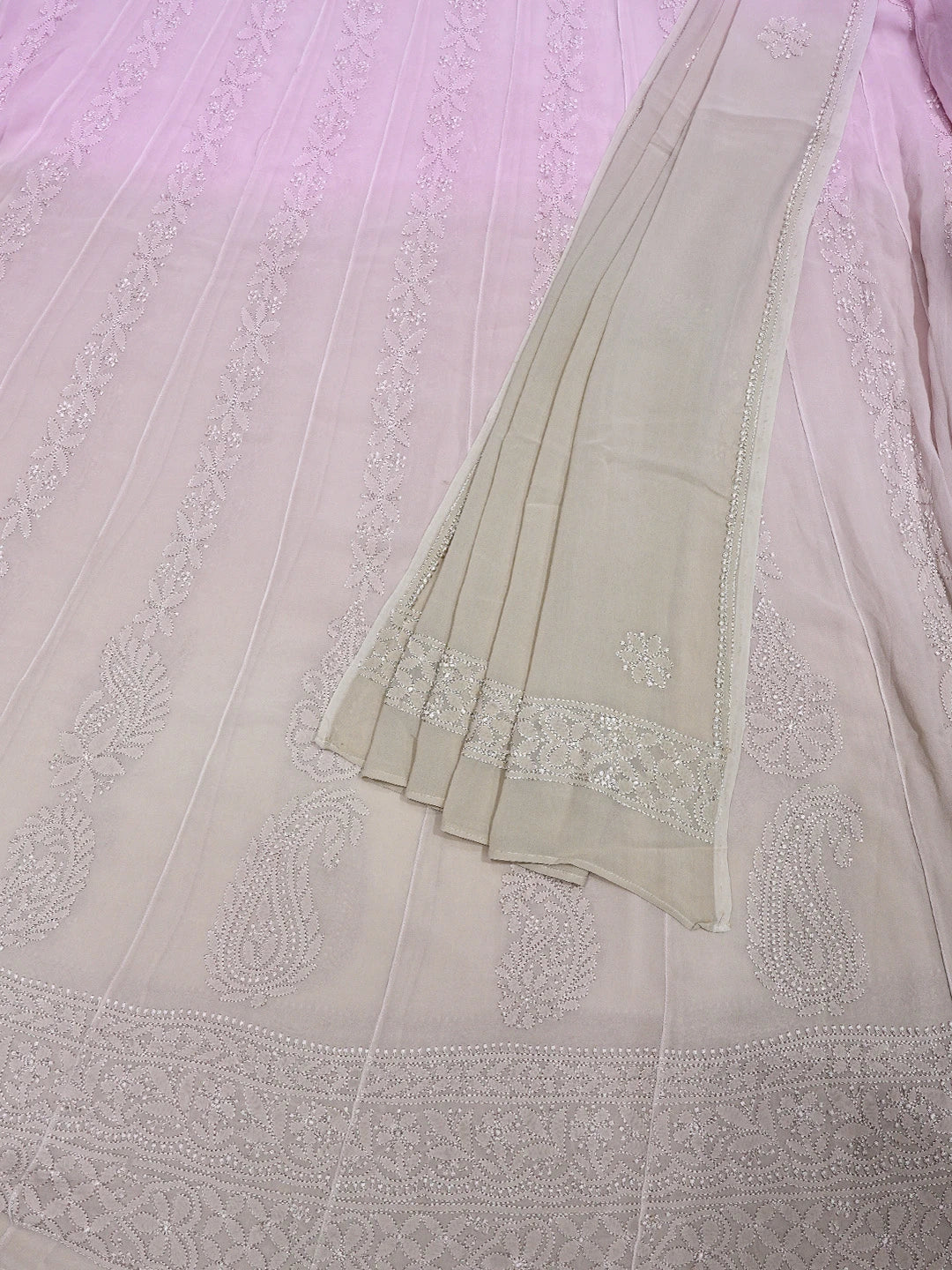Ada Hand Embroidered Ombre Shade Of Pale Mauve And Ecru Brown Viscose Georgette Lucknowi Chikankari Semi-Stitched Anarkali Kurta Dupatta Set 01A758648