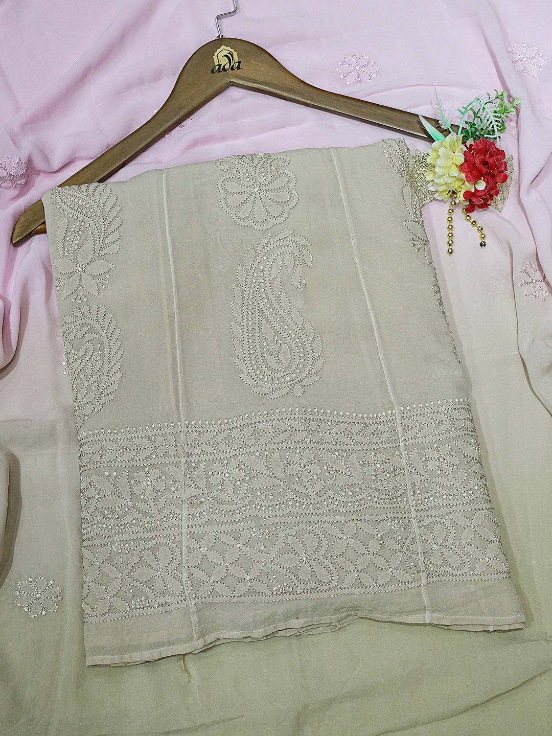 Ada Hand Embroidered Ombre Shade Of Pale Mauve And Ecru Brown Viscose Georgette Lucknowi Chikankari Semi-Stitched Anarkali Kurta Dupatta Set 01A758648