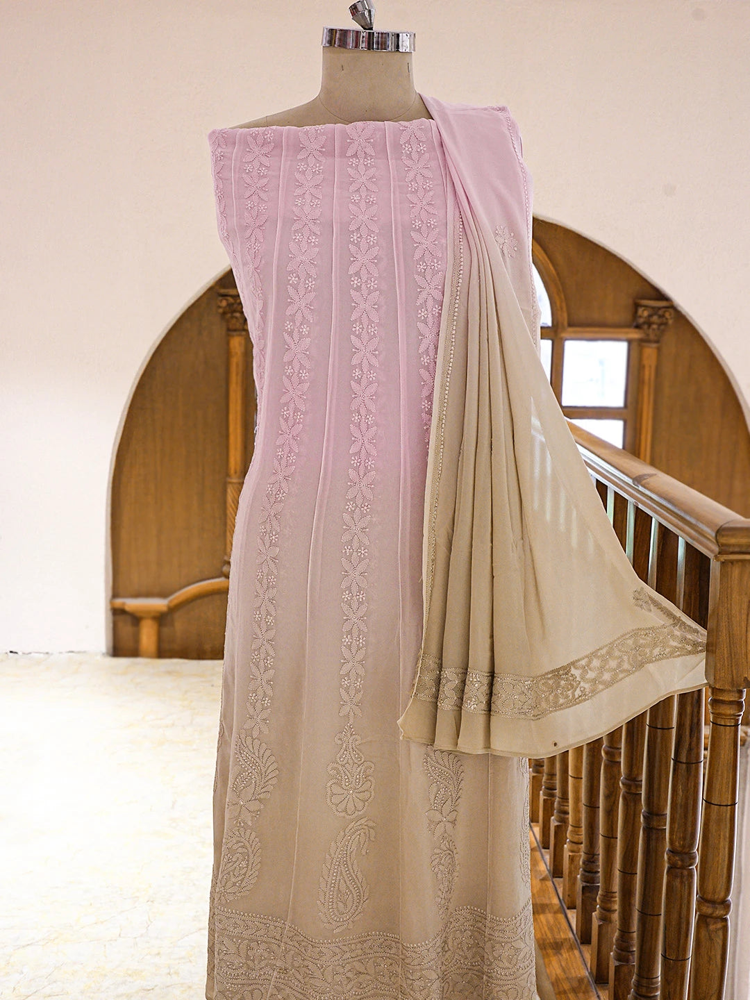 Ada Hand Embroidered Ombre Shade Of Pale Mauve And Ecru Brown Viscose Georgette Lucknowi Chikankari Semi-Stitched Anarkali Kurta Dupatta Set 01A758648