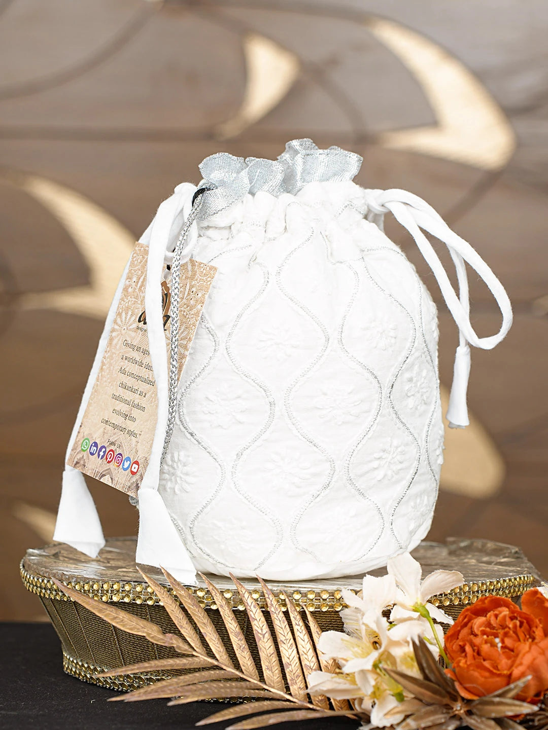 Ada Hand Embroidered White Cotton Lucknowi Chikankari Potli Bag With Zari Work 08A502805