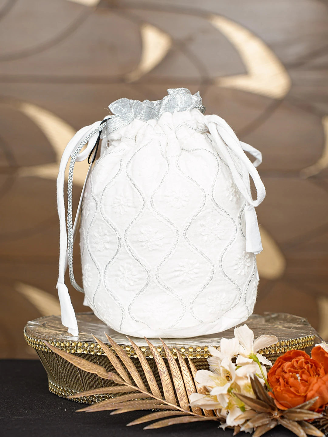 Ada Hand Embroidered White Cotton Lucknowi Chikankari Potli Bag With Zari Work 08A502805
