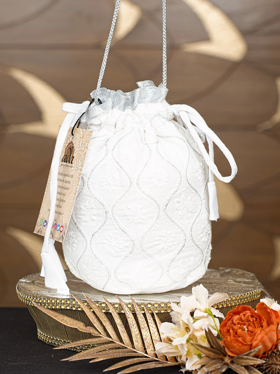 Ada Hand Embroidered White Cotton Lucknowi Chikankari Potli Bag With Zari Work 08A502805