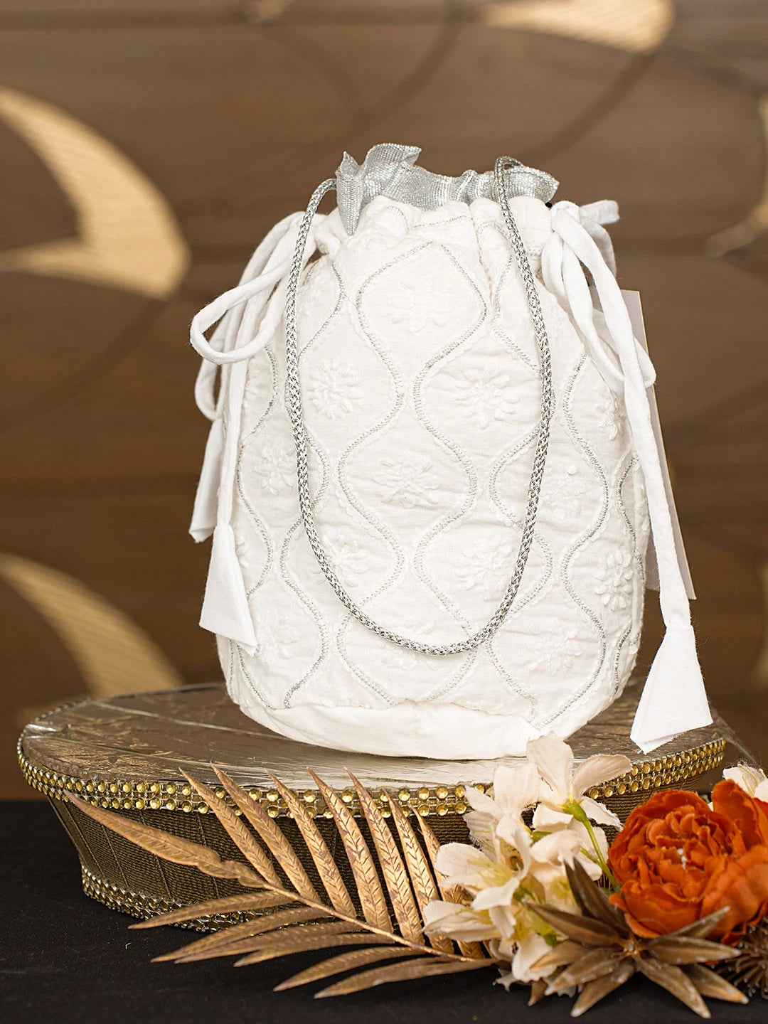 Ada Hand Embroidered White Cotton Lucknowi Chikankari Potli Bag With Zari Work 08A502805