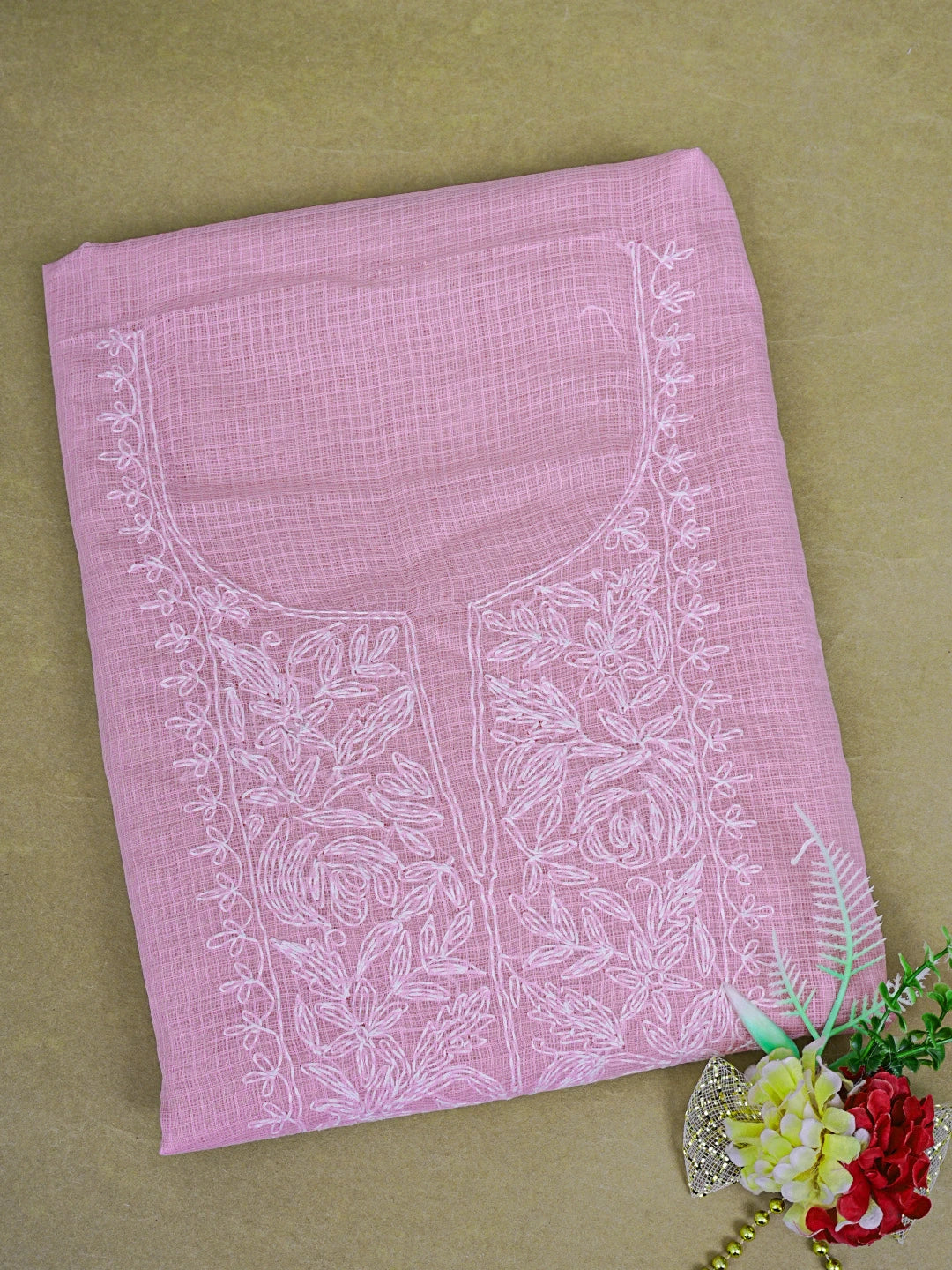 Ada Hand Embroidered Pink Kota Lucknowi Chikankari Unstitched Kurta Piece 01A836448