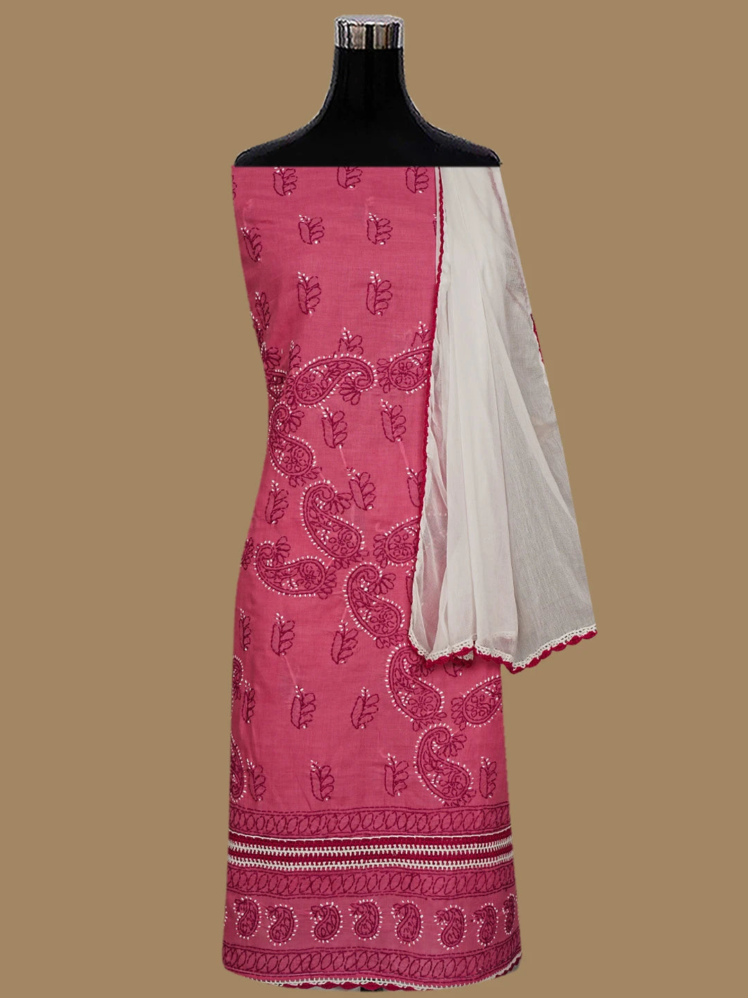 Ada Hand Embroidered Carrot Pink Cotton Lucknowi Chikankari Unstitched Suit Piece 01A853013