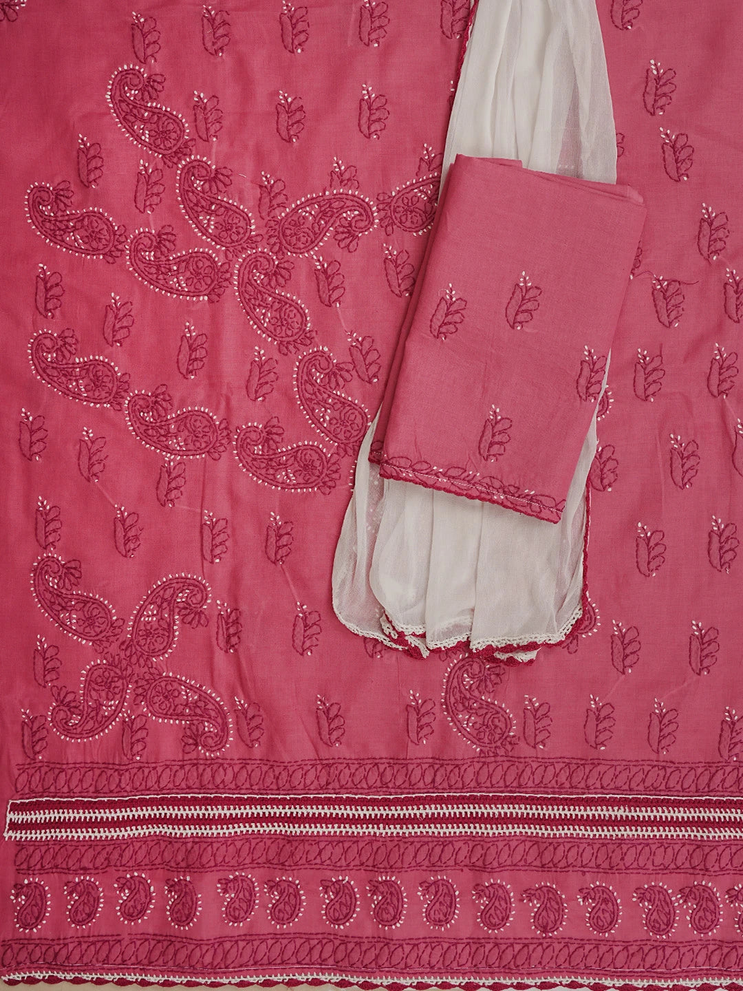 Ada Hand Embroidered Carrot Pink Cotton Lucknowi Chikankari Unstitched Suit Piece 01A853013