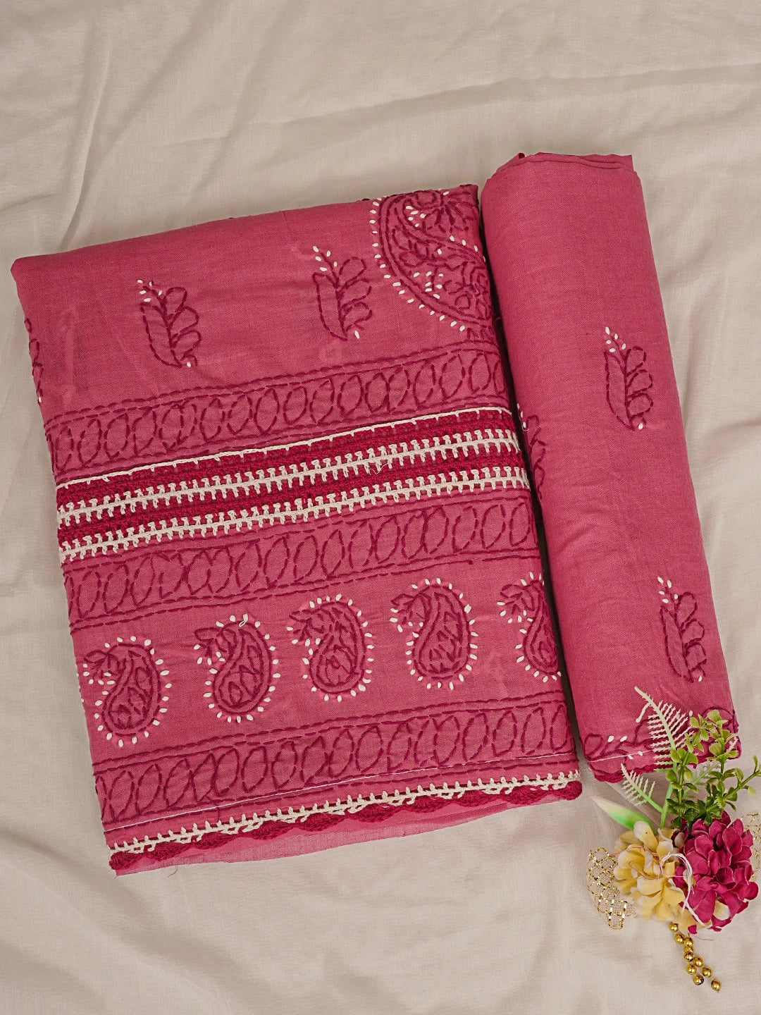 Ada Hand Embroidered Carrot Pink Cotton Lucknowi Chikankari Unstitched Suit Piece 01A853013