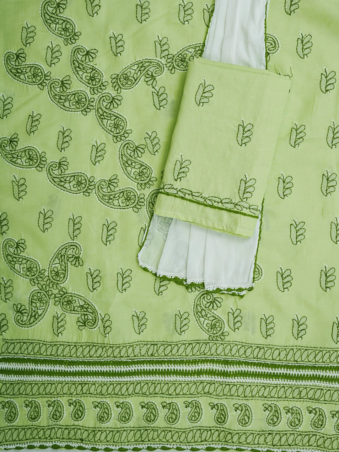 Ada Hand Embroidered Green Cotton Lucknowi Chikankari Unstitched Suit Piece 01A853002