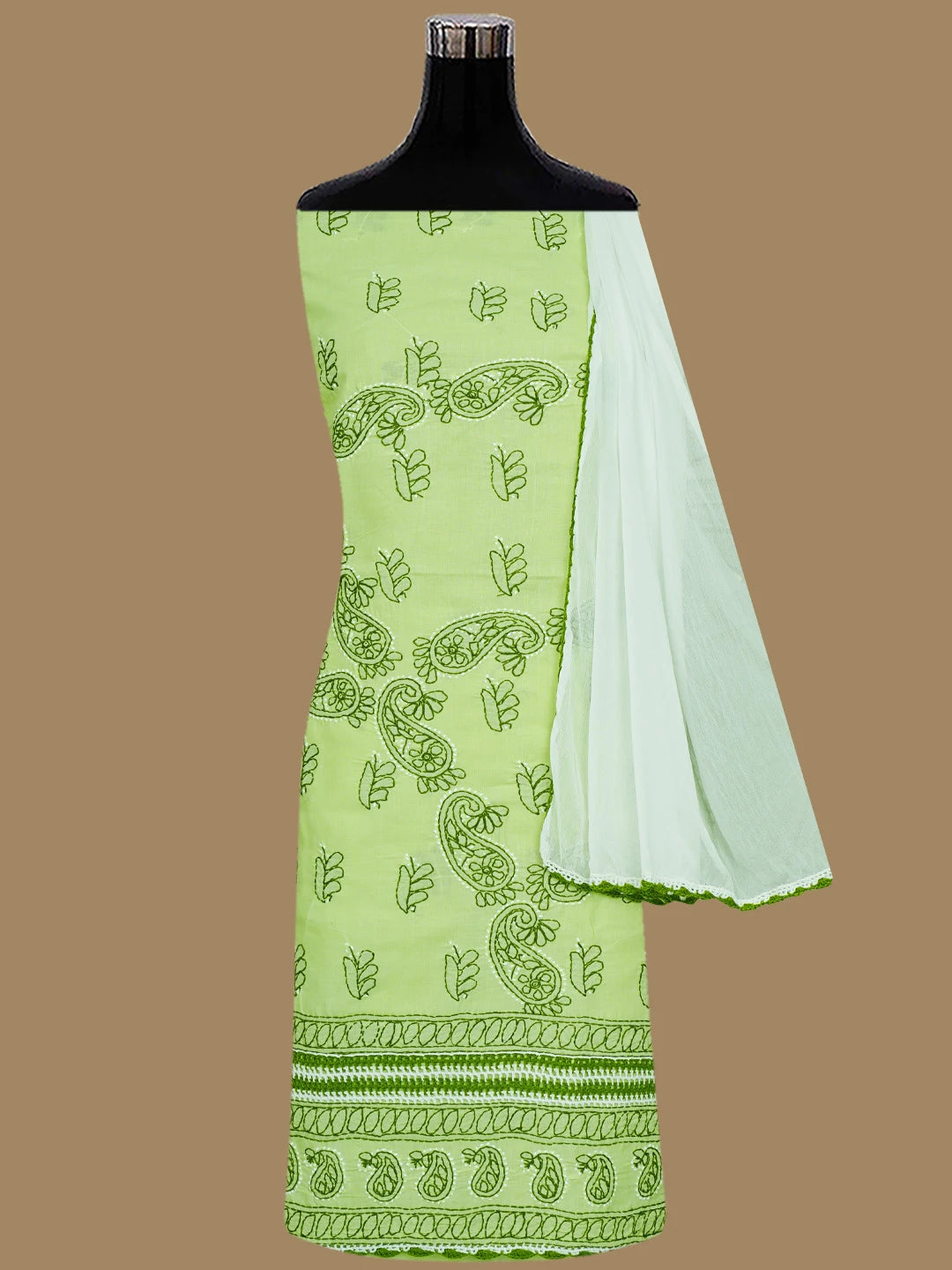 Ada Hand Embroidered Green Cotton Lucknowi Chikankari Unstitched Suit Piece 01A853002