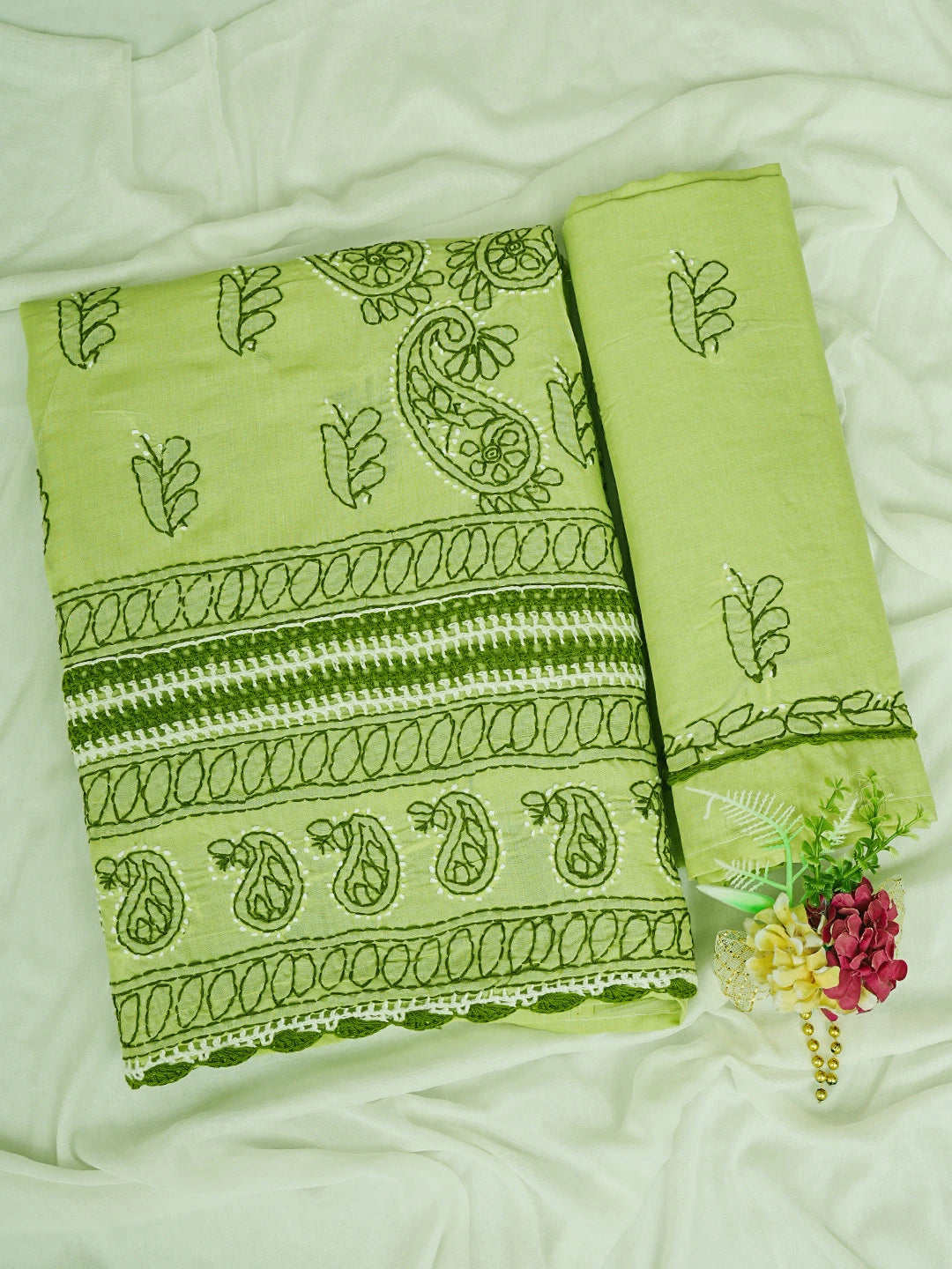 Ada Hand Embroidered Green Cotton Lucknowi Chikankari Unstitched Suit Piece 01A853002