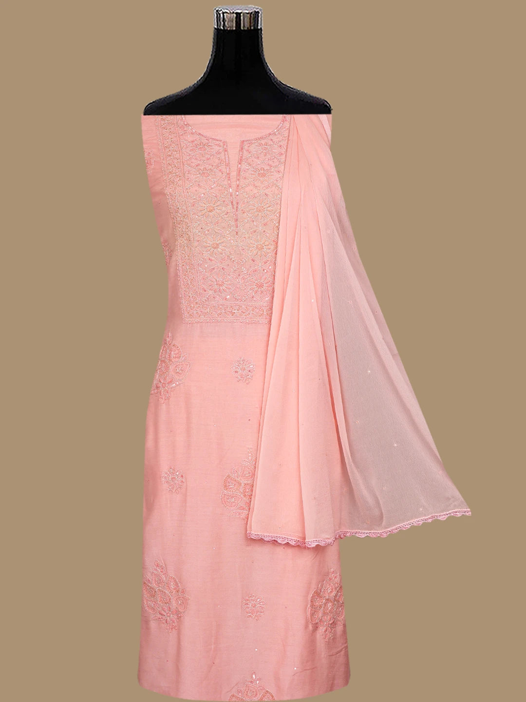 Ada Hand Embroidered Peach Pink Muslin Lucknowi Chikankari Unstitched Suit Piece With Cutdana Work 01A796119