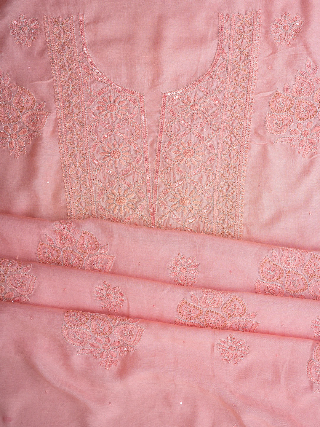 Ada Hand Embroidered Peach Pink Muslin Lucknowi Chikankari Unstitched Suit Piece With Cutdana Work 01A796119