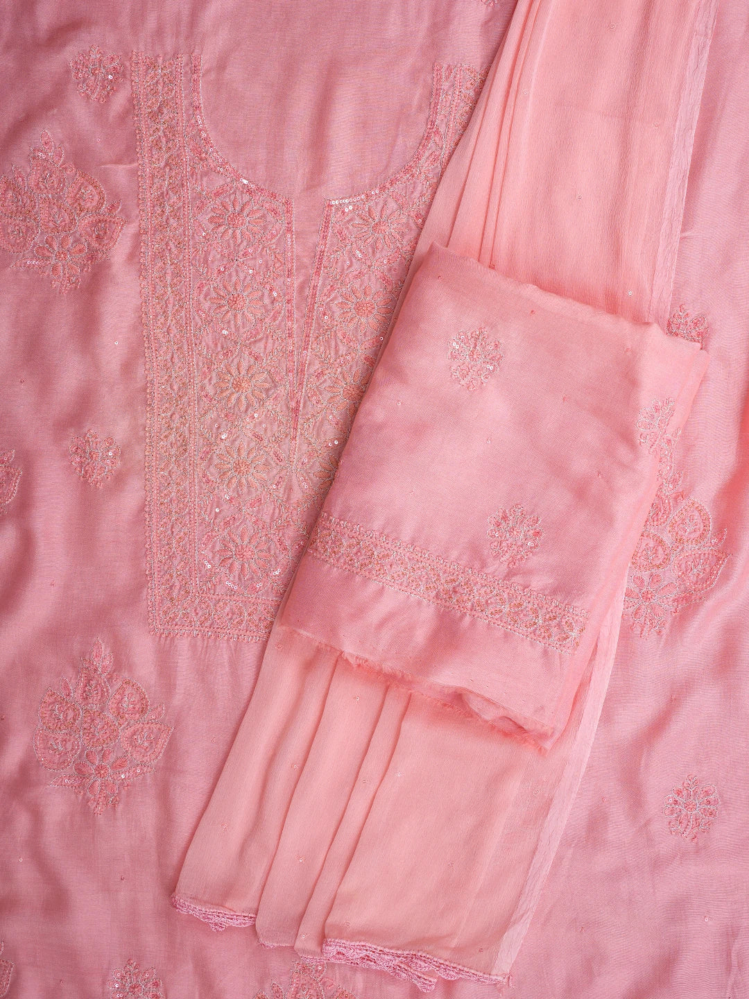 Ada Hand Embroidered Peach Pink Muslin Lucknowi Chikankari Unstitched Suit Piece With Cutdana Work 01A796119