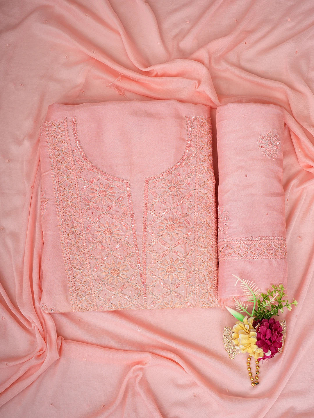 Ada Hand Embroidered Peach Pink Muslin Lucknowi Chikankari Unstitched Suit Piece With Cutdana Work 01A796119
